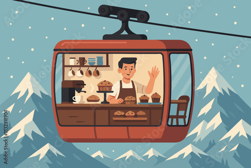 Cozy mountain café inside ski gondola serving muffins and coffee