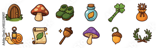 Charming set of cartoon fantasy icons featuring a small wooden door, magic potion, snail with a lantern, mushroom, elf shoes, and other whimsical forest elements for a fairy tale theme