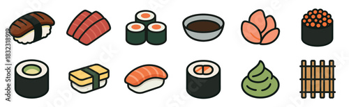 Collection of colorful sushi icons featuring various types of nigiri, maki rolls, sashimi, wasabi, and soy sauce in a flat design vector illustration style with bold outlines