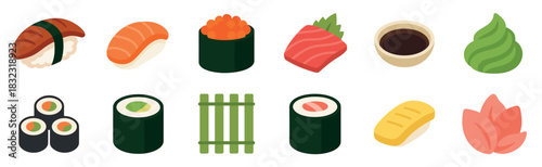 Set of various Japanese sushi icons featuring nigiri, maki, gunkan, sashimi, wasabi, and ginger, presented as a colorful flat design vector illustration collection