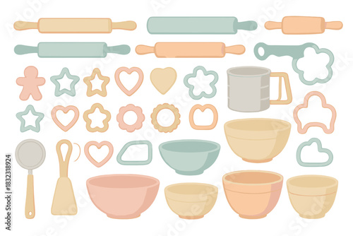 Baking tools and cookie cutters in pastel illustration