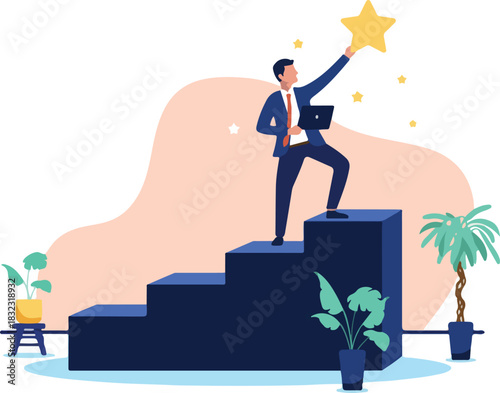 A determined business man with a laptop stands on top of a set of stairs, reaching up to grab a shining golden star in a flat design vector illustration