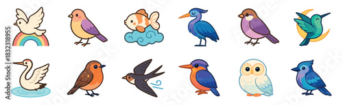 Cute cartoon bird and animal illustration set featuring a dove, owl, swan, and goldfish in a charming kawaii sticker style for children's design
