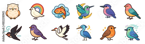 Delightful set of various cute animal characters featuring birds like an owl, crane, and robin, plus a fish, all designed in a charming and colorful flat cartoon illustration style