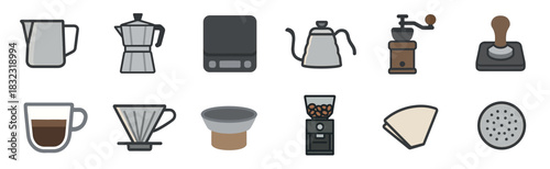 Set of coffee brewing tool icons featuring a grinder, moka pot, gooseneck kettle, tamper, and digital scale, illustrated in a simple, clean, flat line art style for cafe concepts