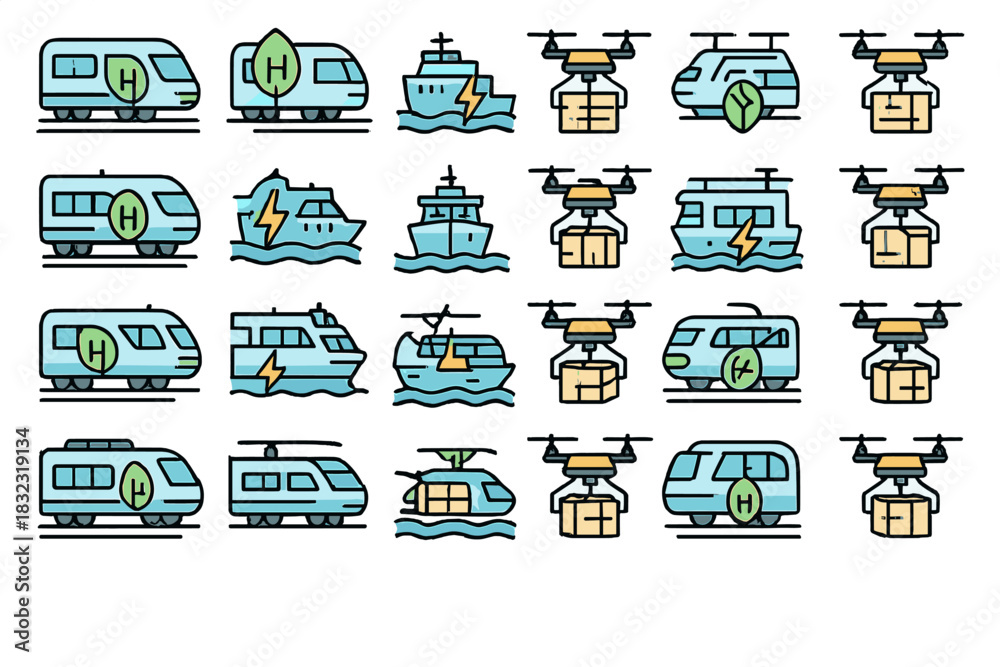 Obraz premium Icon set of eco transport including trains, boats and drones