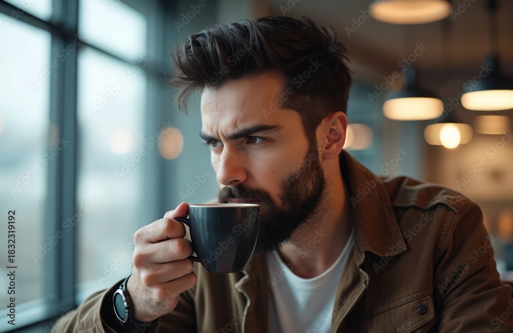 Fototapeta premium Bearded man drinks coffee from cup in modern office during late night work. Employee contemplates startup ideas, plans new vision. Busy professional works overtime, needs energy boost.
