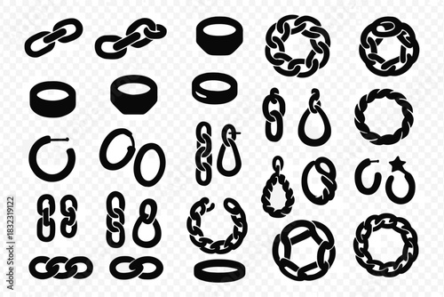 Silhouette icons of chains, rings and hoop earrings