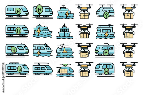 Icon set of eco transport including trains, boats and drones