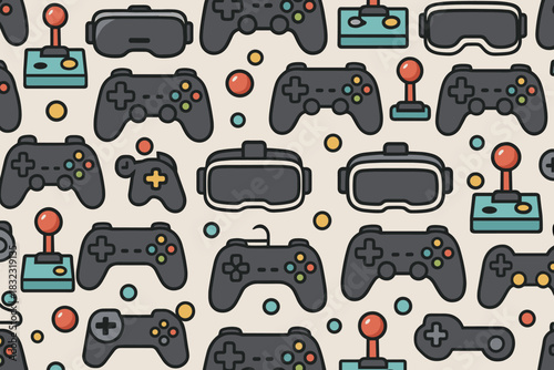 Seamless gaming pattern with controllers, joysticks, and VR headsets