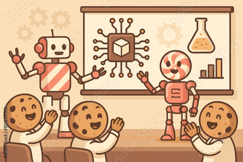 Robots presenting technology to cookie‑headed audience