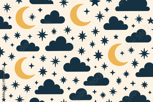 Night sky pattern with crescent moons, clouds, and stars