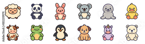 Collection of cute cartoon animal characters including a sheep, panda, rabbit, koala, seal, duck, cow, frog, penguin, dog, unicorn, and polar bear in a kawaii art style