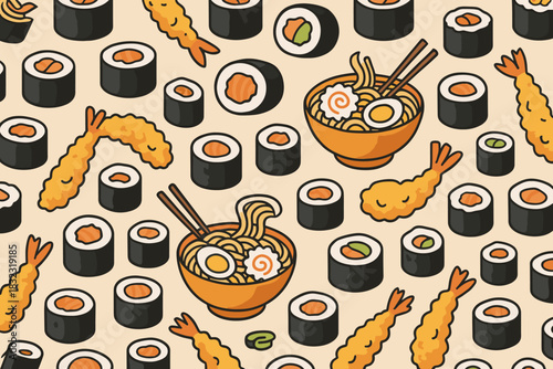 Seamless pattern with sushi rolls, ramen bowls, and tempura