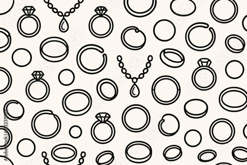Seamless pattern with line art rings and necklaces