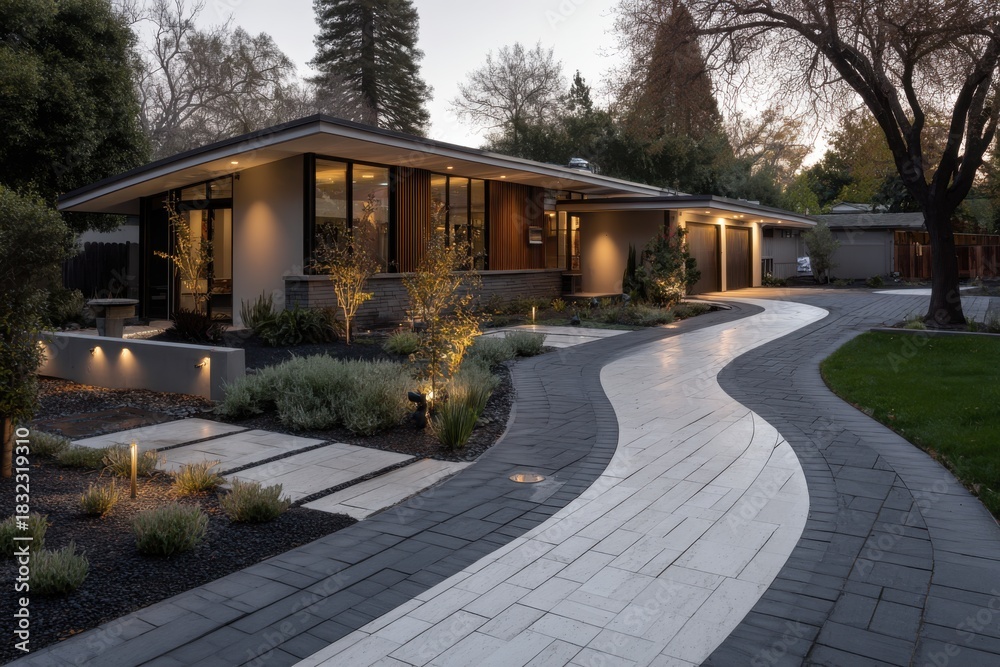 Fototapeta premium A contemporary house featuring a sleek architectural design, complete with an illuminated pathway, stands gracefully in a tranquil neighborhood during the enchanting twilight hours.