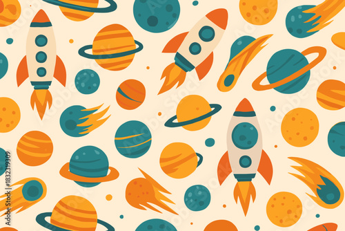 Seamless space pattern with rockets, planets, and comets