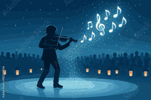 Violinist silhouette performing on stage with glowing notes