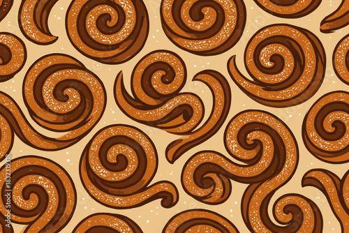 Seamless cinnamon swirl pastry pattern with sugar texture