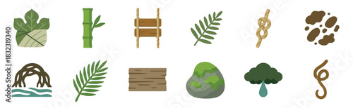 Collection of jungle adventure and nature icons featuring leaves, bamboo, a rope ladder, wood, a mossy stone, and mangrove roots in a flat, minimalist vector illustration style