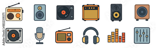 Set of music and audio equipment icons featuring a radio, turntable, speaker, and headphones in a flat, colorful line art style for sound and entertainment concepts