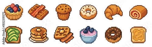 Pixel art collection of breakfast food and dessert icons including donuts, waffles, pancakes, and toast, rendered in a charming 8-bit retro video game graphic style