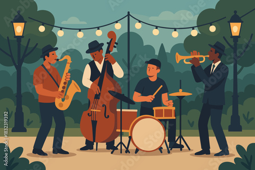 Jazz band performing outdoors in flat vector illustration