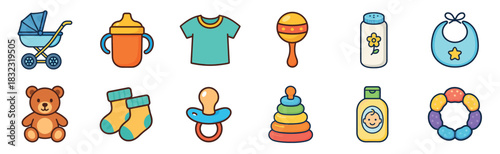 Set of colorful baby care icons featuring a stroller, teddy bear, pacifier, rattle, and other newborn essentials in a cute cartoon vector illustration style for infancy themes