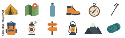 Set of hiking and camping equipment icons featuring a tent, map, compass, backpack, boot, and lantern in a colorful flat design vector illustration style