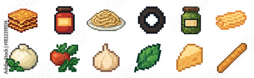 Vibrant collection of pixel art food ingredients and dishes, including pancakes, jars, pasta, vegetables, cheese, and bread, rendered in a charming retro video game style