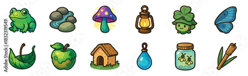 Set of twelve charming fantasy nature icons including a green frog, magic mushroom, glowing lantern, clover creature, and firefly jar, drawn in a cute cartoon vector art style