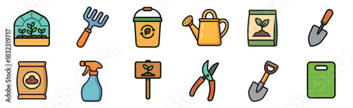 Collection of colorful gardening tool icons including a watering can, shovel, rake, seeds, and greenhouse for planting, farming, and horticultural work, shown as a simple line art set