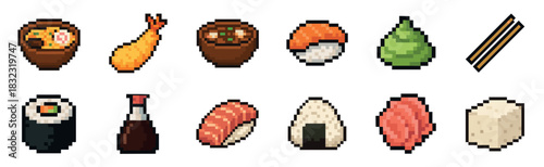 Pixel art icon set of Japanese food featuring sushi, ramen, tempura, and onigiri in a charming 8-bit retro video game style for graphic design elements