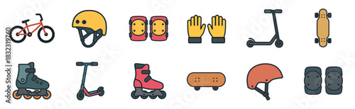 Colorful icon set of outdoor activity equipment including a bicycle, scooter, skateboard, rollerblades, and protective gear like helmets, pads, and gloves in a flat vector style