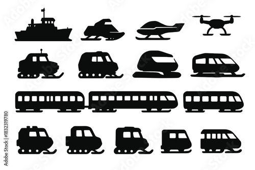 Silhouettes of winter and arctic transportation vehicles