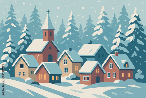 Cozy snowy village in winter with church and forest backdrop