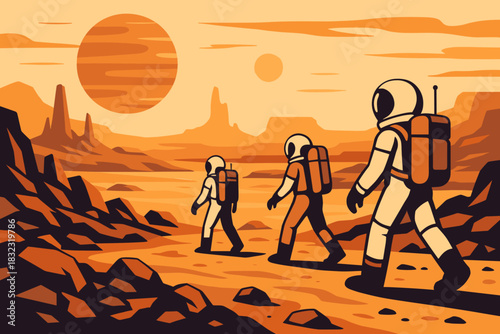 Astronauts exploring alien desert landscape with twin suns