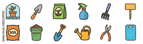Collection of twelve gardening equipment icons featuring a cloche, shovel, watering can, secateurs, and soil, designed as a simple and colorful vector graphic illustration set for horticulture