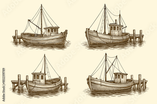 Vintage wooden fishing boats at dock – sepia illustration