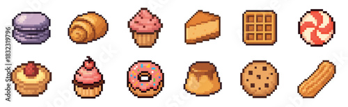Collection of colorful pixel art dessert icons featuring a variety of sweets like cupcakes, donuts, cookies, and macarons in a charming 8-bit retro video game aesthetic