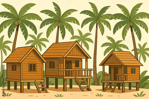 Tropical beach huts with palm trees in a serene island setting