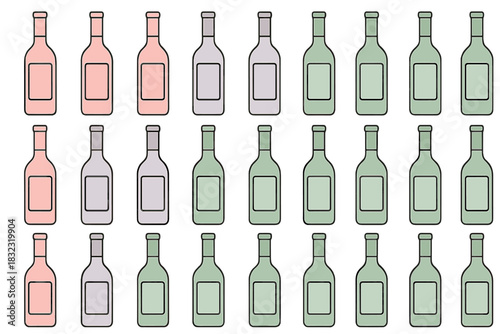 Pattern of wine bottles in gradient colors with minimalist outline design