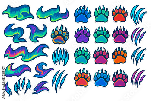 Colorful bear paw, flame, and claw mark sticker set