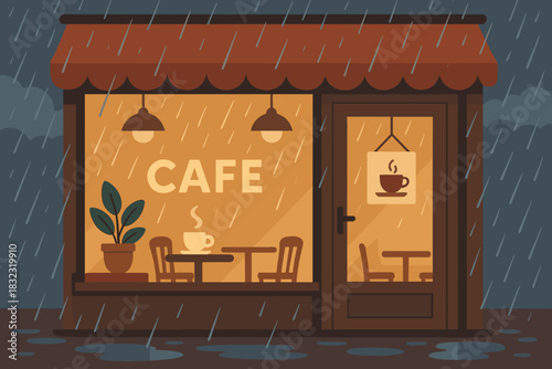Cozy cafe exterior in rainy weather with warm lighting