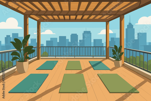 Rooftop yoga space with mats and city skyline view