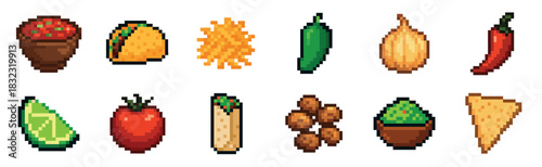 Set of pixel art Mexican food icons including a taco, burrito, salsa, guacamole, nachos, chili, and lime, designed in a colorful retro 8-bit video game aesthetic