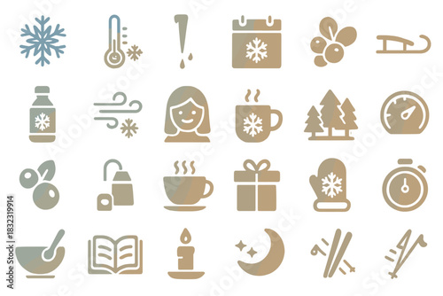 Muted winter-themed icon set with snowflakes and hot drinks