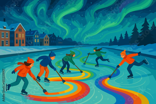 Children playing ice hockey under northern lights with rainbow trails