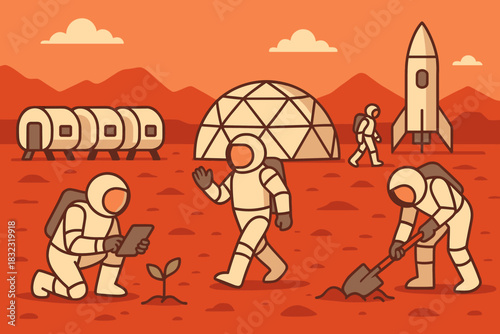 Cartoon astronauts building colony and growing plants on Mars