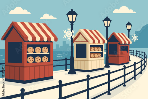 Winter cookie market stalls on snowy seaside promenade